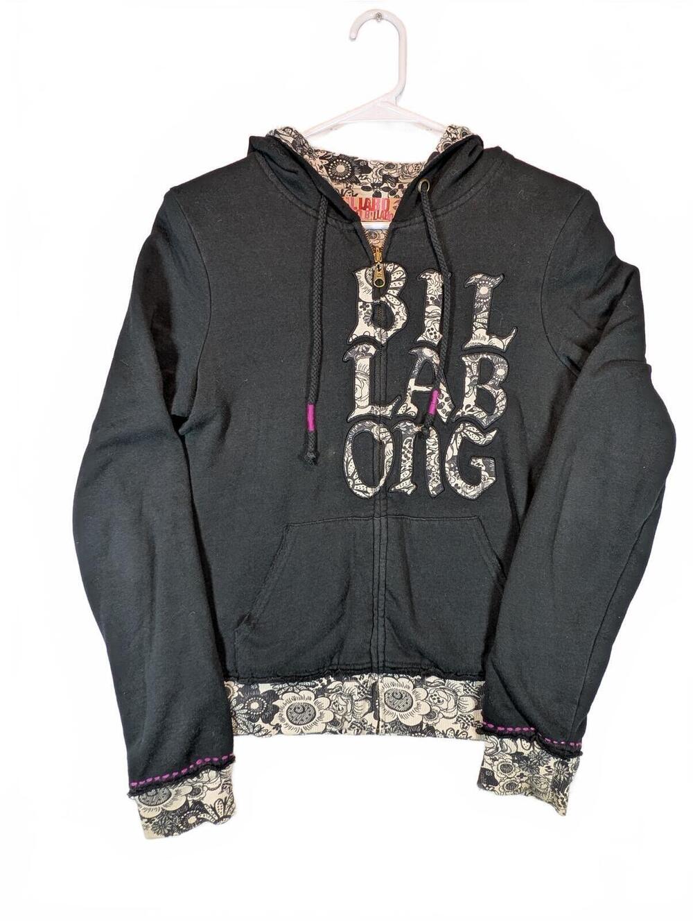Billabong Reversible Floral Full Zip Hoodie Spellout Black White Womens Med Y2K